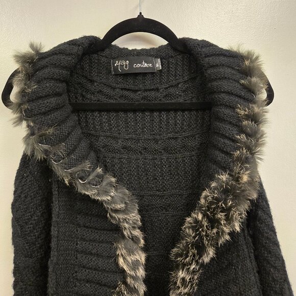 Mohair Wool Blend Y2K  Black Knit Fringe Vest Faux Fur Trim By Yag Couture ML Fo - Picture 4 of 13
